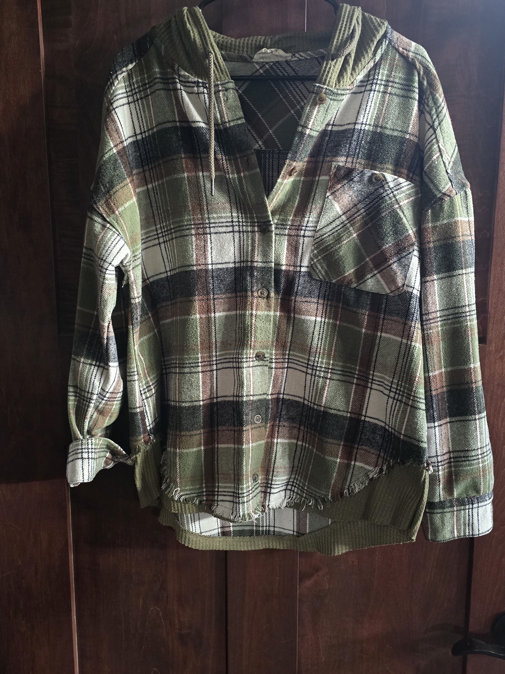 Women's Olive Green Plaid Hooded Button-Up Shirt